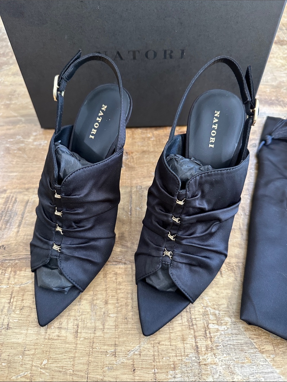 Natori Black Satin Ruched Peep-Toe Slingback Heels with Gold Accents